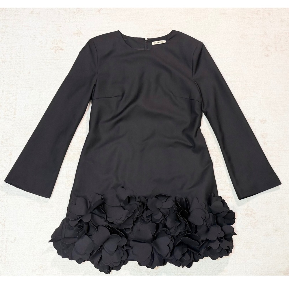 FEHAUTE Black 3D Floral Applique Mini Dress Long Sleeve Shift Size US 4